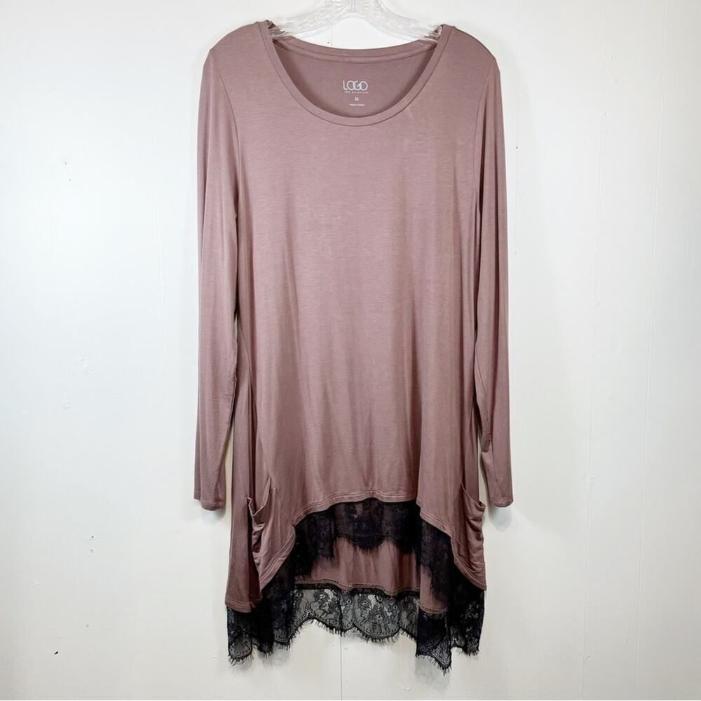 LOGO Lori Goldstein Brown Toned Purple + Black Lace Tunic Size Woman's Medium